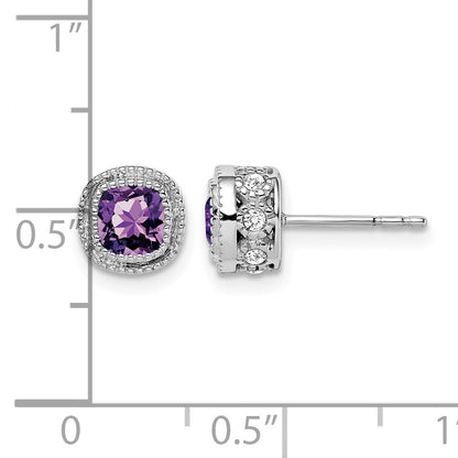 14k White Gold 4.5mm Cushion Amethyst and .19 carat Diamond Post Earrings