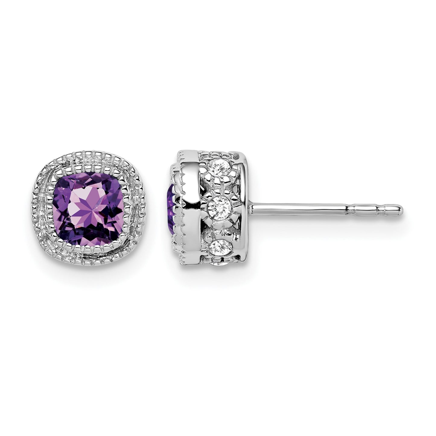 14k White Gold 4.5mm Cushion Amethyst and .19 carat Diamond Post Earrings