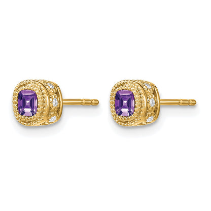 14k 4.5mm Cushion Amethyst and .19 carat Diamond Post Earrings