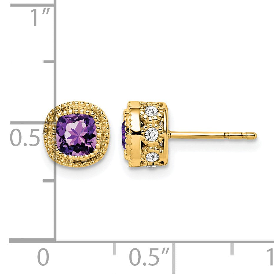 14k 4.5mm Cushion Amethyst and .19 carat Diamond Post Earrings