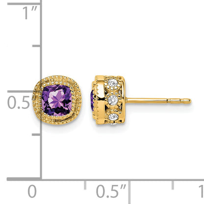 14k 4.5mm Cushion Amethyst and .19 carat Diamond Post Earrings