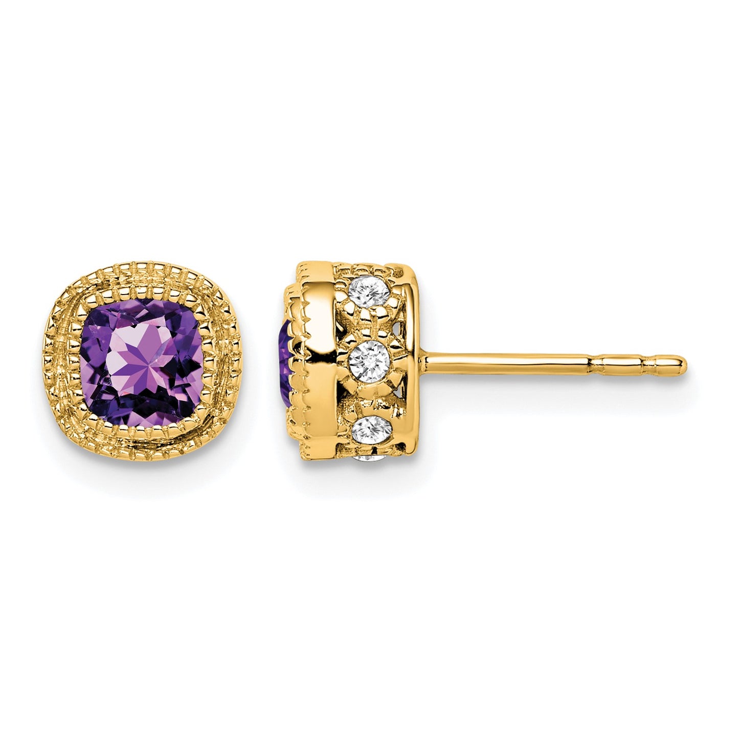 14k 4.5mm Cushion Amethyst and .19 carat Diamond Post Earrings