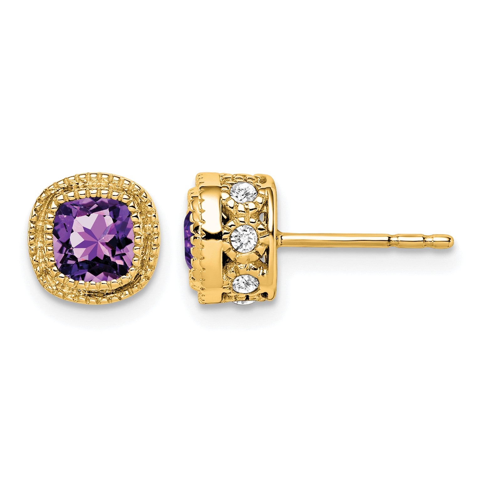14k 4.5mm Cushion Amethyst and .19 carat Diamond Post Earrings