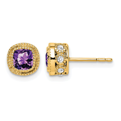 14k 4.5mm Cushion Amethyst and .19 carat Diamond Post Earrings