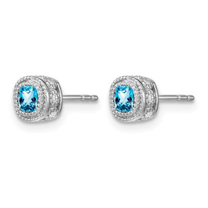 14k White Gold 4.5mm Cushion Blue Topaz and .19 carat Diamond Post Earrings