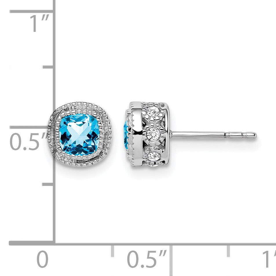 14k White Gold 4.5mm Cushion Blue Topaz and .19 carat Diamond Post Earrings