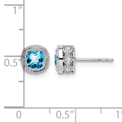 14k White Gold 4.5mm Cushion Blue Topaz and .19 carat Diamond Post Earrings