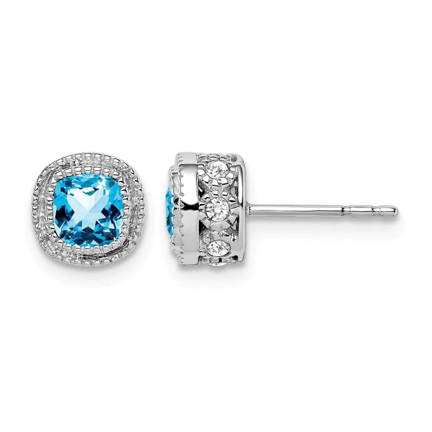 14k White Gold 4.5mm Cushion Blue Topaz and .19 carat Diamond Post Earrings