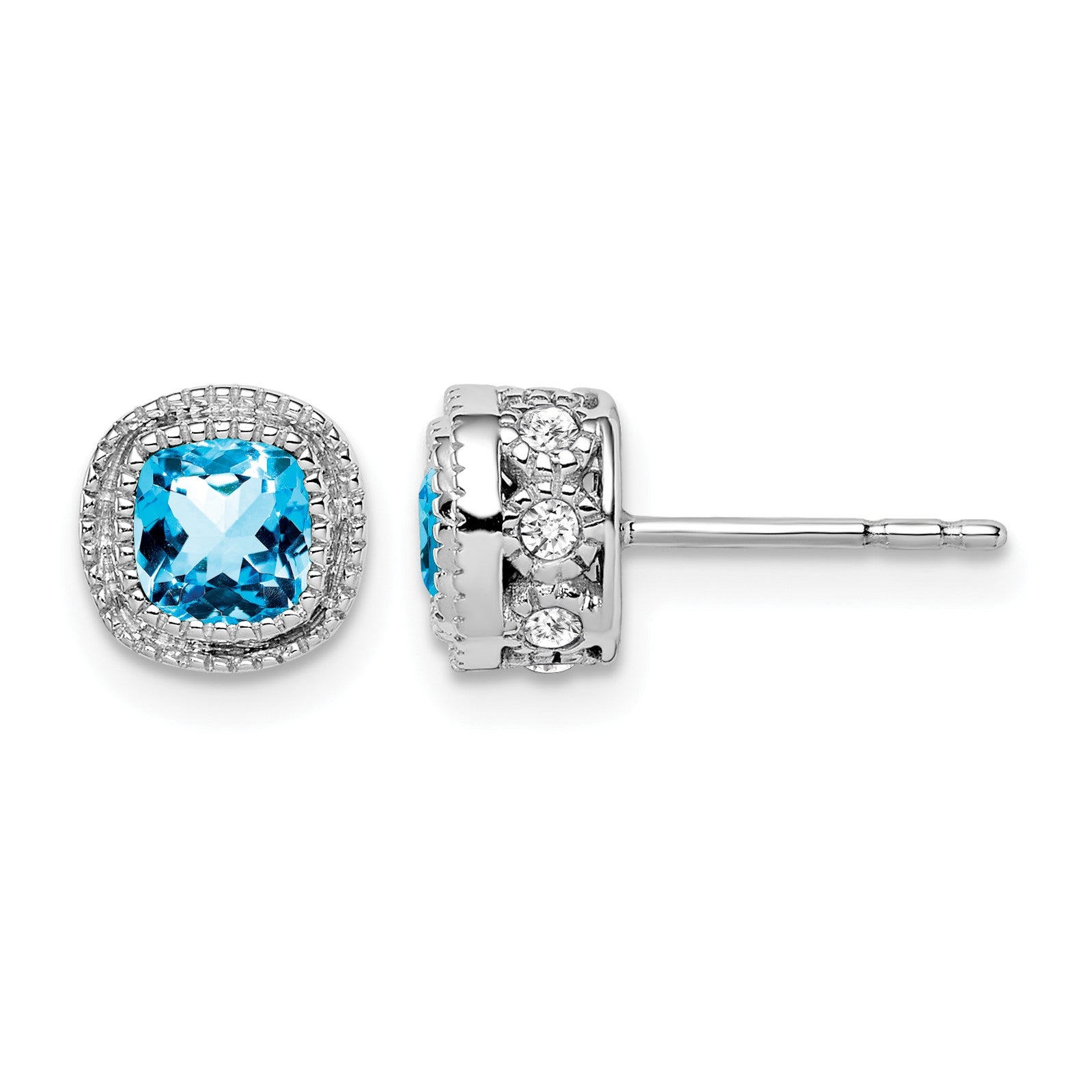 14k White Gold 4.5mm Cushion Blue Topaz and .19 carat Diamond Post Earrings