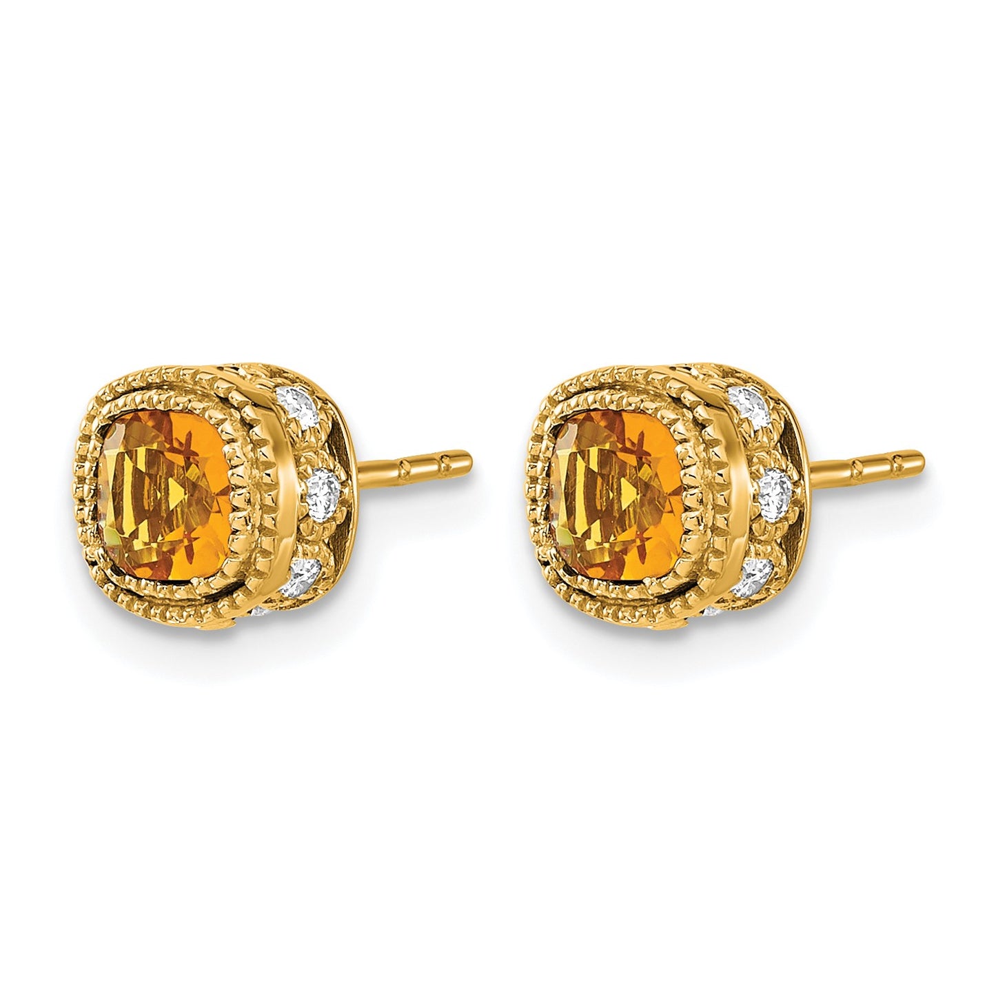 14k 4.5mm Cushion Citrine and .19 carat Diamond Post Earrings