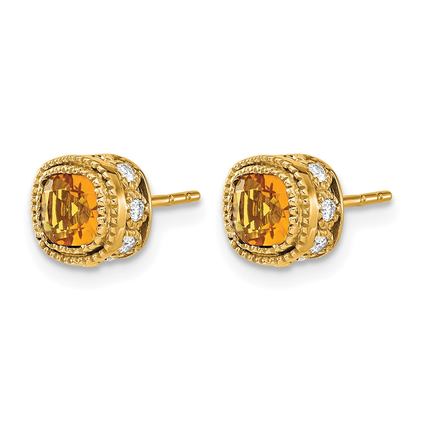 14k 4.5mm Cushion Citrine and .19 carat Diamond Post Earrings