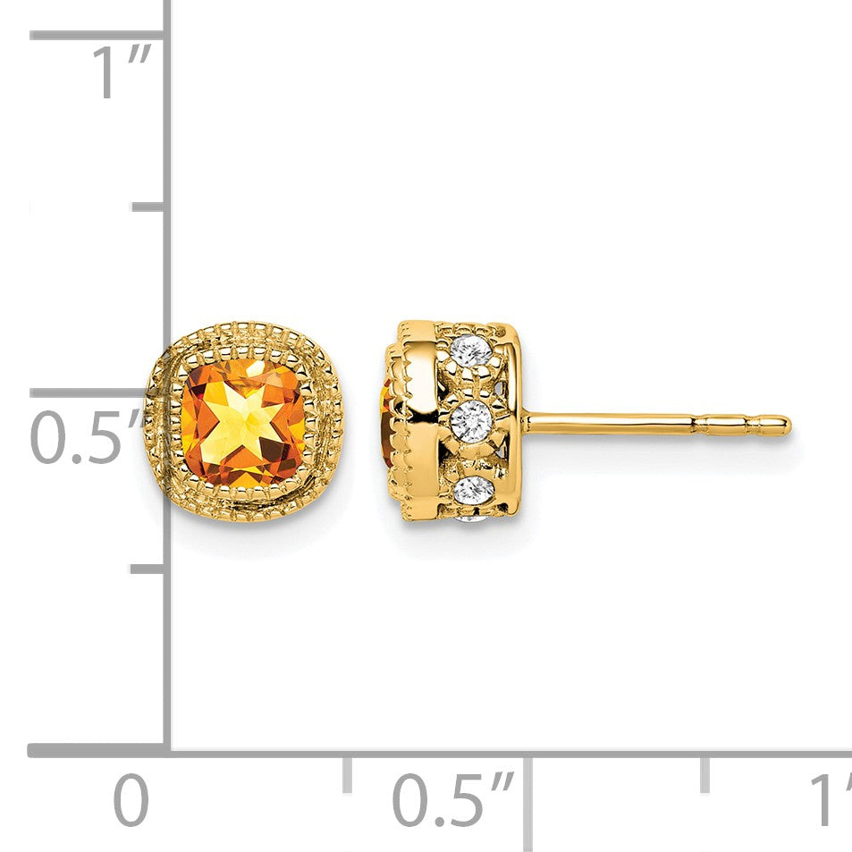 14k 4.5mm Cushion Citrine and .19 carat Diamond Post Earrings