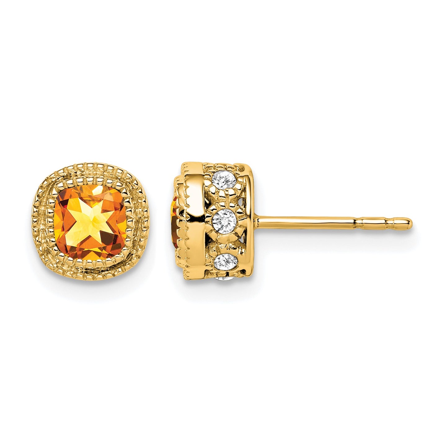14k 4.5mm Cushion Citrine and .19 carat Diamond Post Earrings