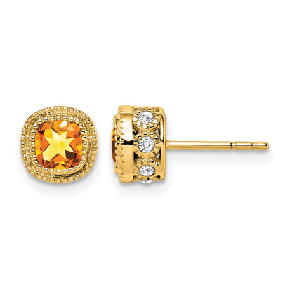 14k 4.5mm Cushion Citrine and .19 carat Diamond Post Earrings