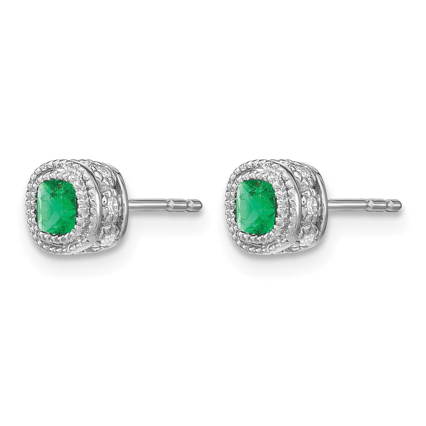 14k White Gold 3.4mm Cushion Emerald and Diamond Post Earrings