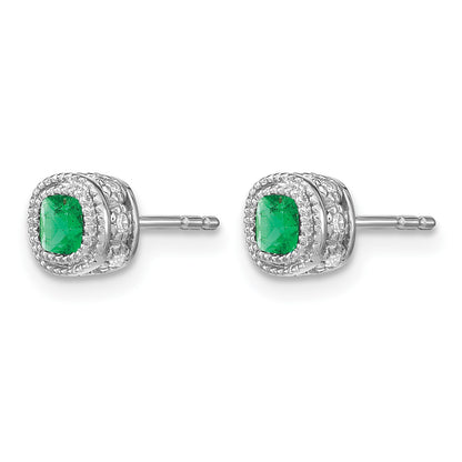 14k White Gold 3.4mm Cushion Emerald and Diamond Post Earrings