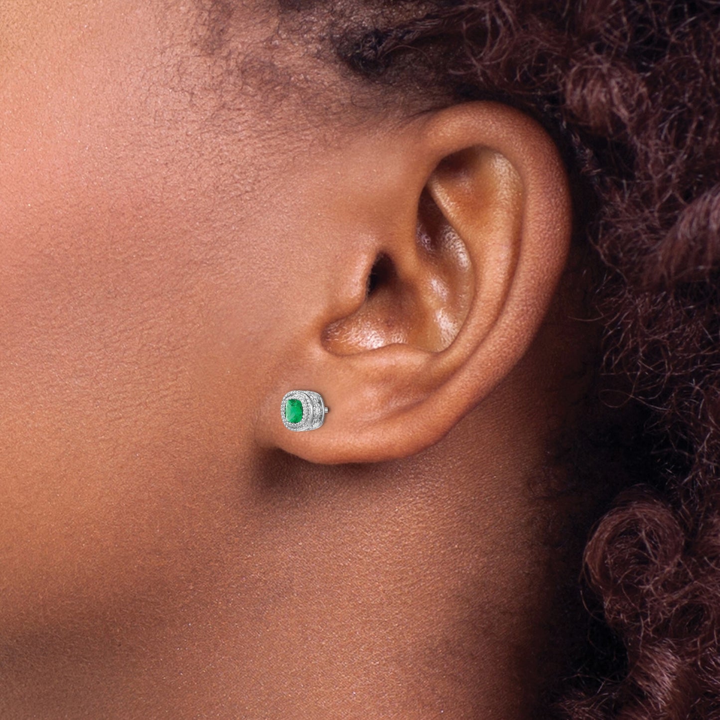14k White Gold 3.4mm Cushion Emerald and Diamond Post Earrings