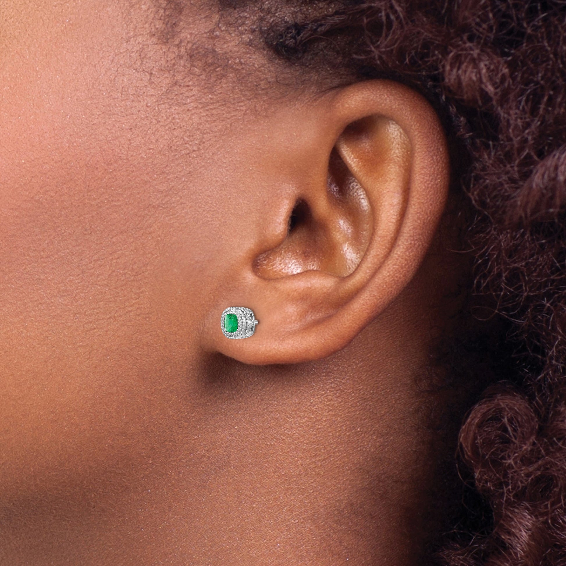 14k White Gold 3.4mm Cushion Emerald and Diamond Post Earrings
