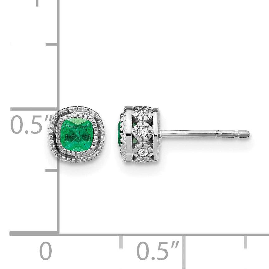 14k White Gold 3.4mm Cushion Emerald and Diamond Post Earrings