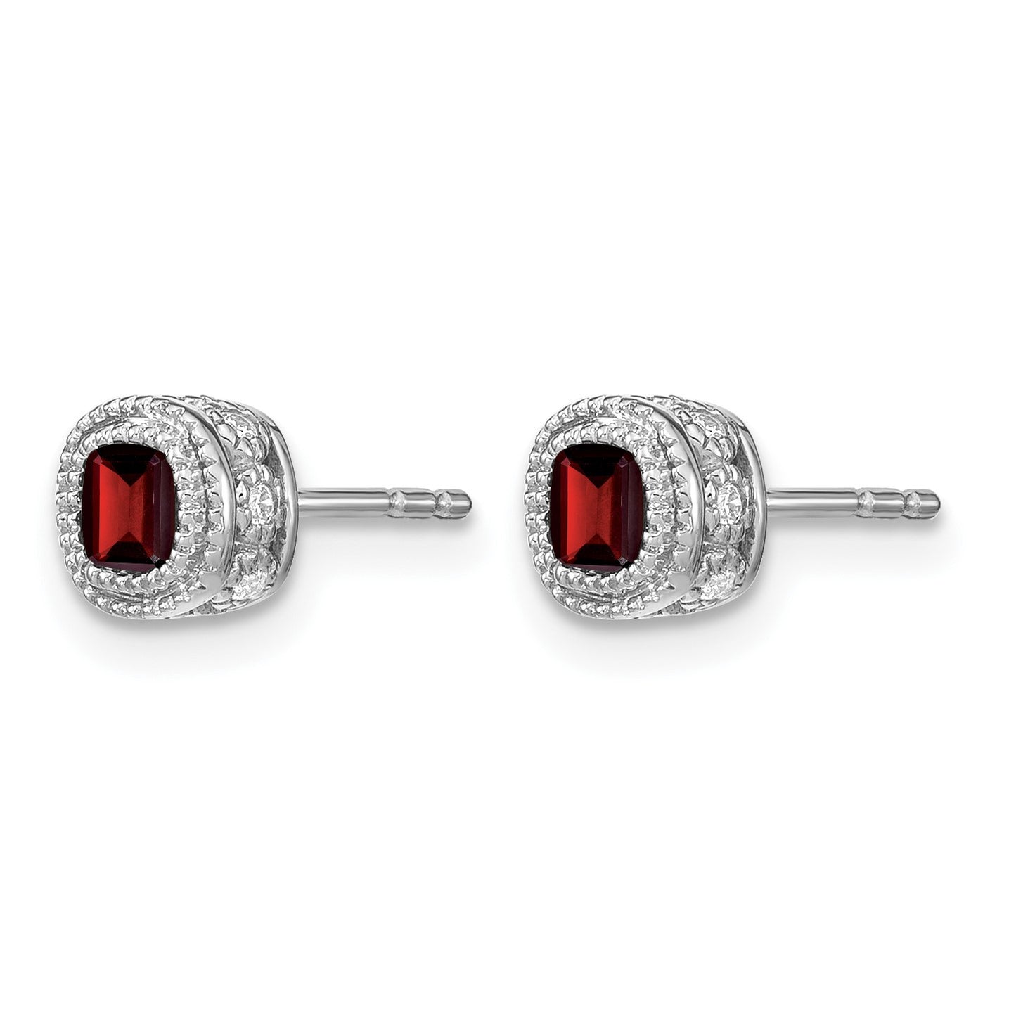 14k White Gold 4.5mm Cushion Garnet and .19 carat Diamond Post Earrings