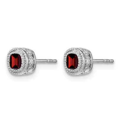 14k White Gold 4.5mm Cushion Garnet and .19 carat Diamond Post Earrings