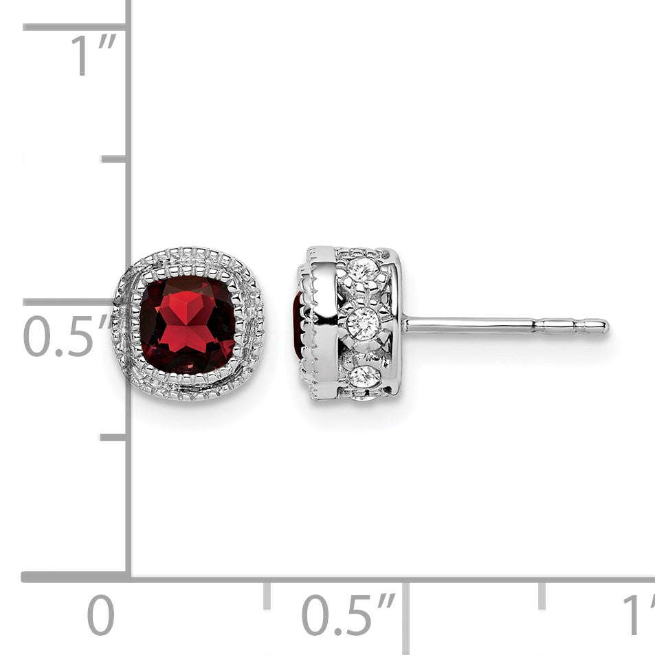 14k White Gold 4.5mm Cushion Garnet and .19 carat Diamond Post Earrings