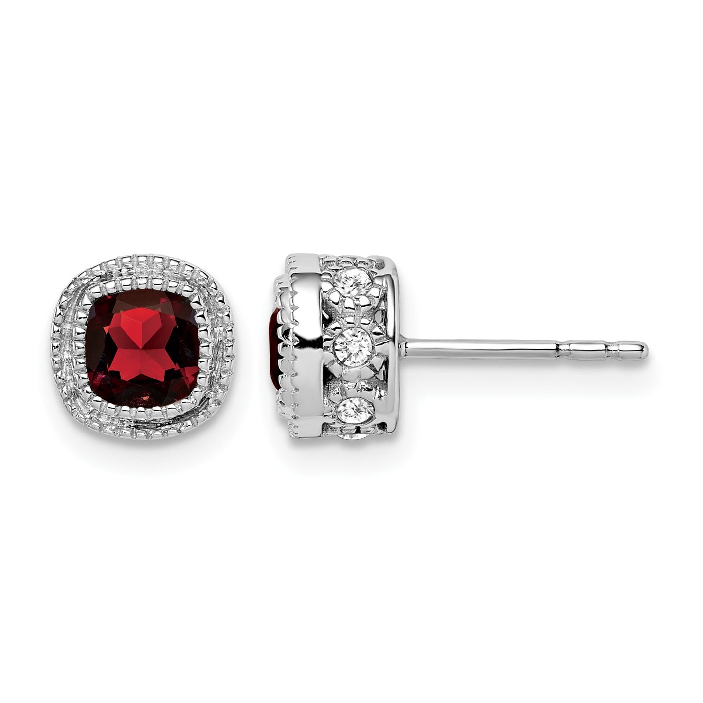 14k White Gold 4.5mm Cushion Garnet and .19 carat Diamond Post Earrings