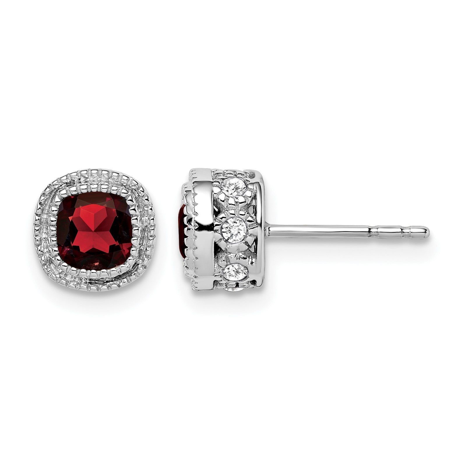 14k White Gold 4.5mm Cushion Garnet and .19 carat Diamond Post Earrings