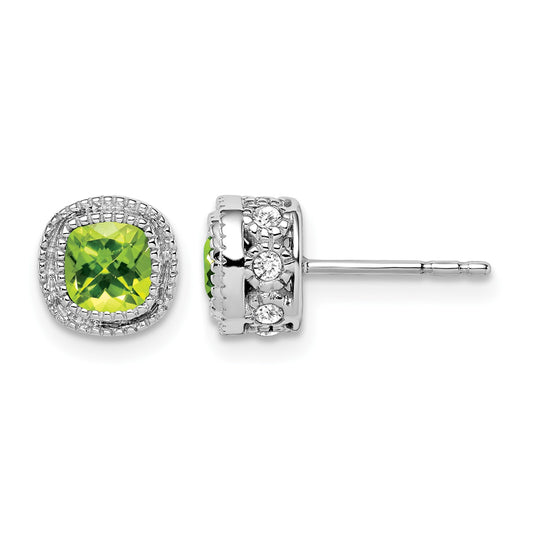 14k White Gold 4.5mm Cushion Peridot and .19 carat Diamond Post Earrings