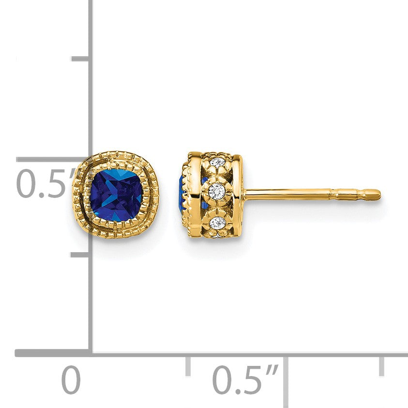 14k 3.4mm Cushion Sapphire and Diamond Post Earrings