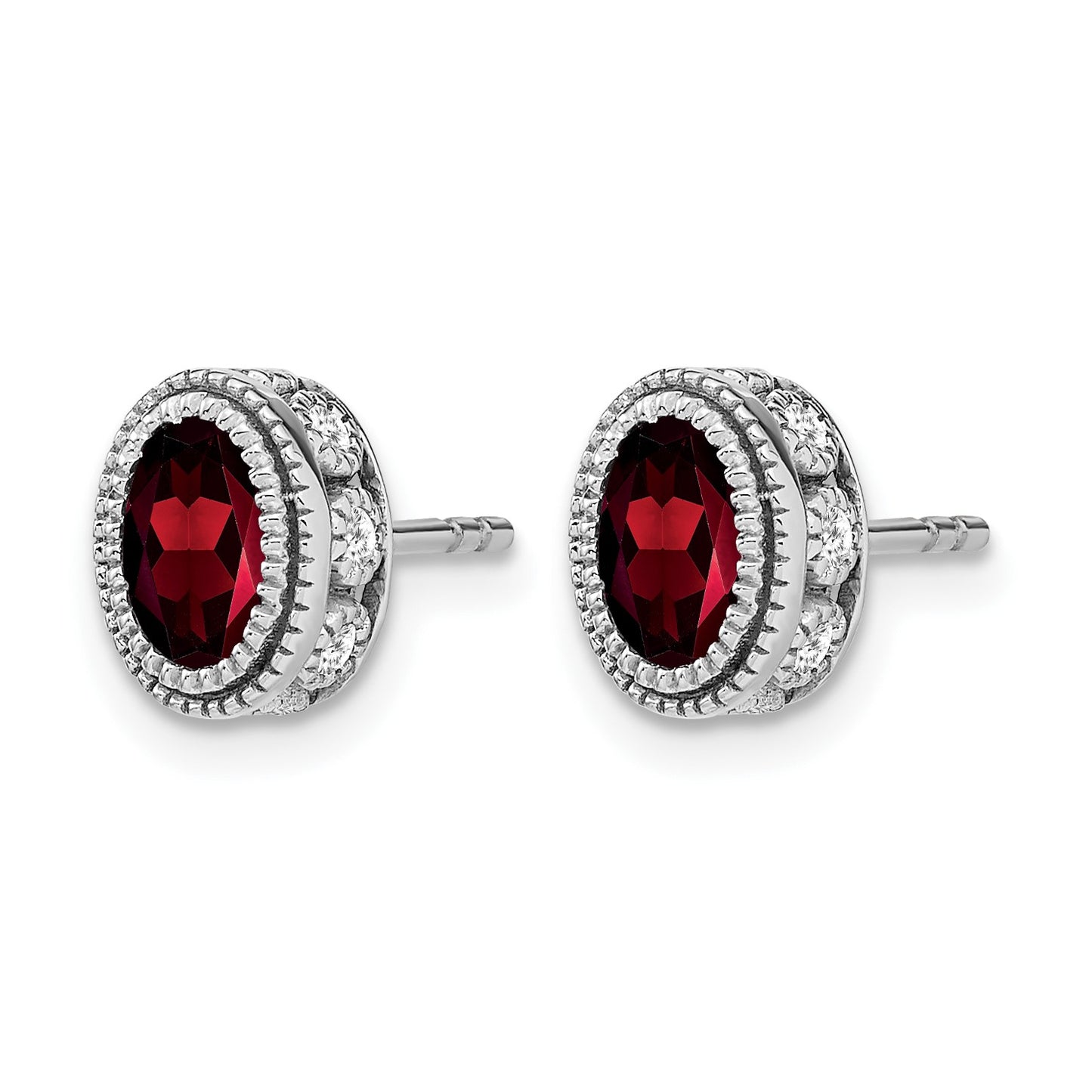 14k White Gold 6x4mm Oval Garnet and .19 carat Diamond Post Earrings
