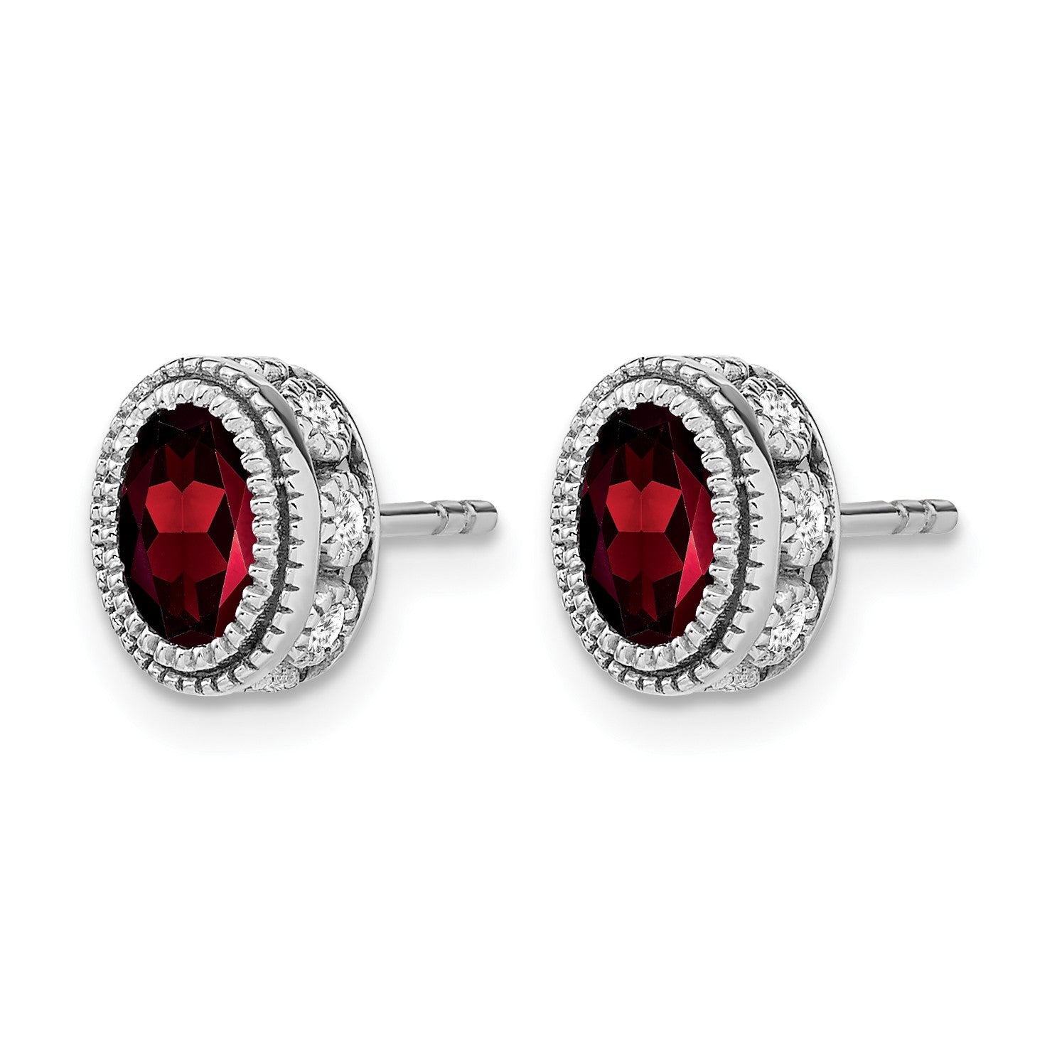 14k White Gold 6x4mm Oval Garnet and .19 carat Diamond Post Earrings