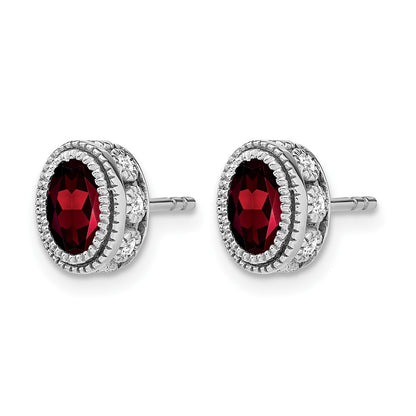14k White Gold 6x4mm Oval Garnet and .19 carat Diamond Post Earrings