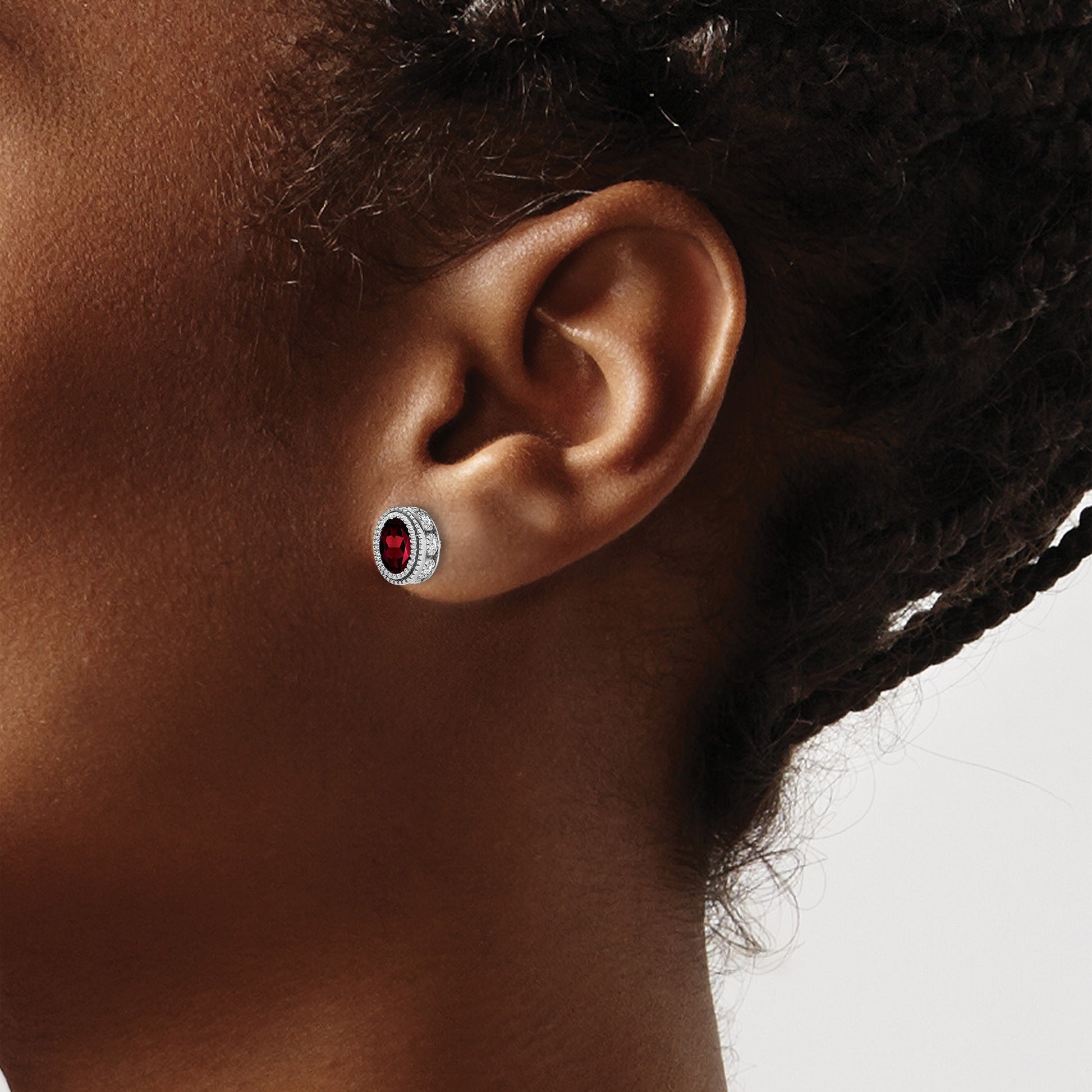 14k White Gold 6x4mm Oval Garnet and .19 carat Diamond Post Earrings