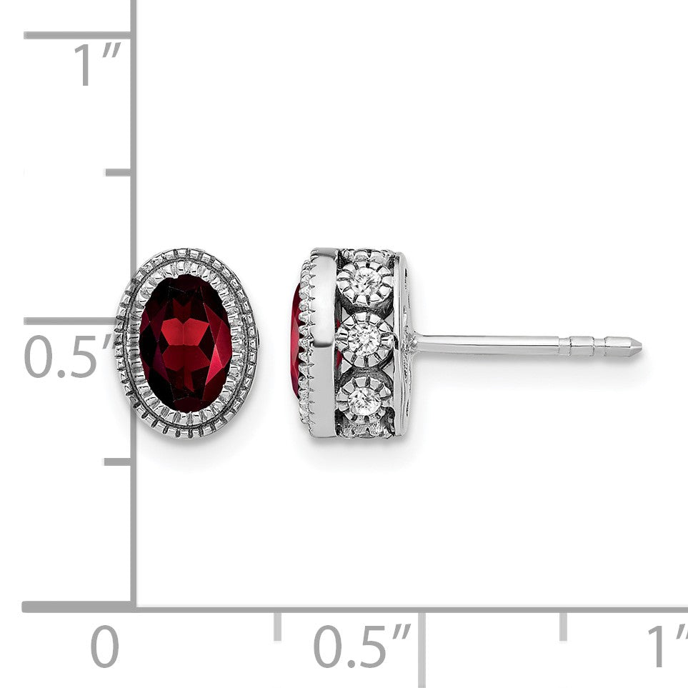 14k White Gold 6x4mm Oval Garnet and .19 carat Diamond Post Earrings
