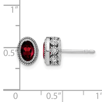 14k White Gold 6x4mm Oval Garnet and .19 carat Diamond Post Earrings