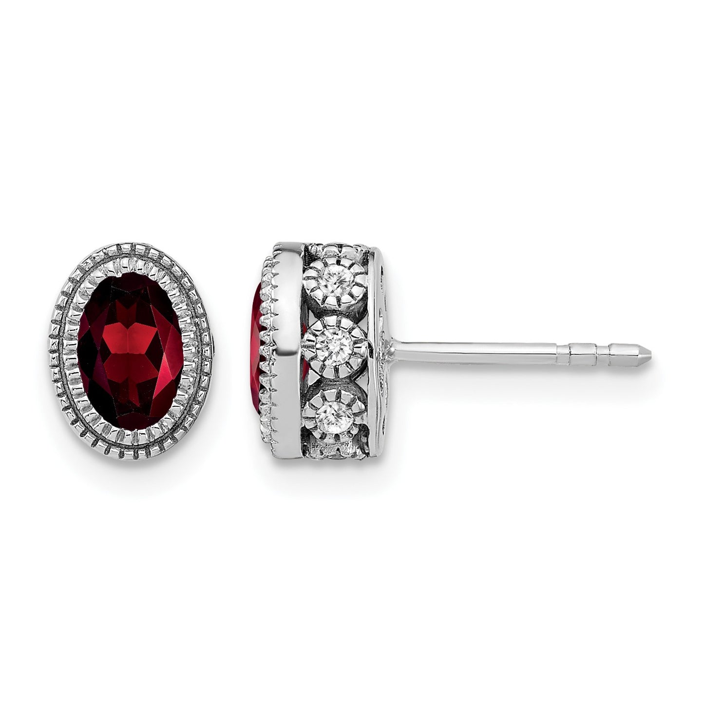 14k White Gold 6x4mm Oval Garnet and .19 carat Diamond Post Earrings