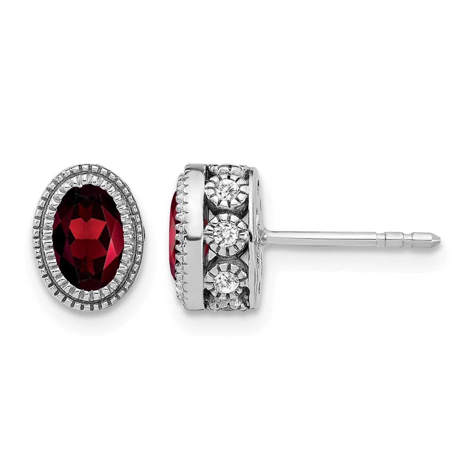 14k White Gold 6x4mm Oval Garnet and .19 carat Diamond Post Earrings