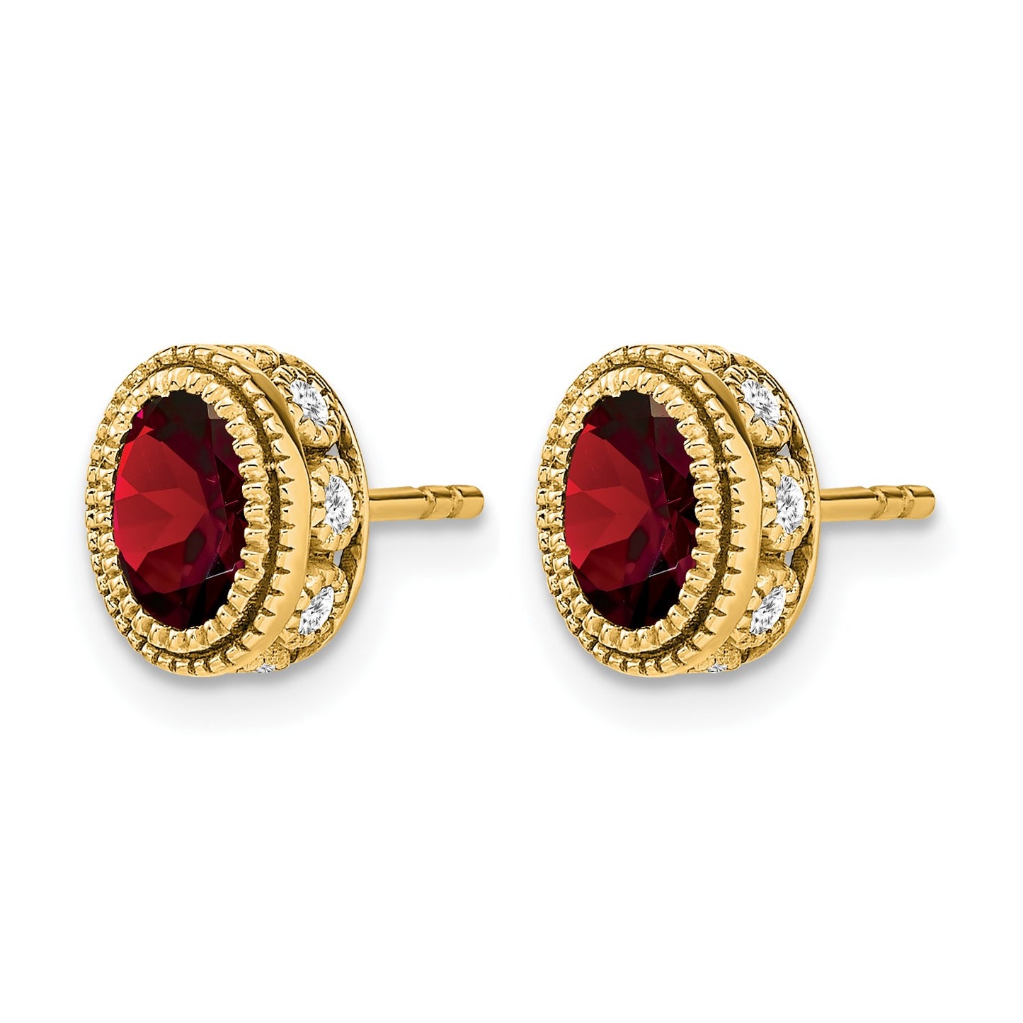 14k 6x4mm Oval Garnet and .19 carat Diamond Post Earrings