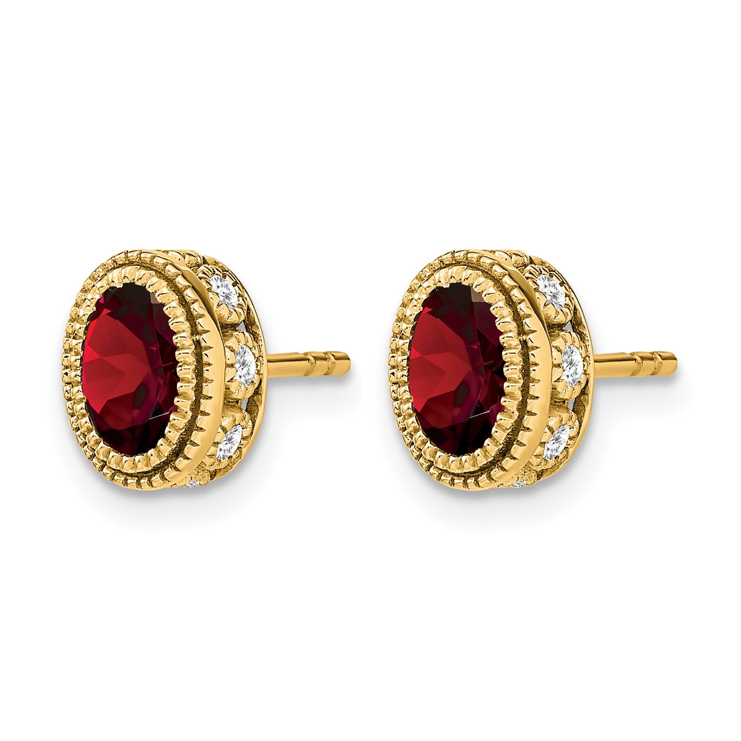 14k 6x4mm Oval Garnet and .19 carat Diamond Post Earrings
