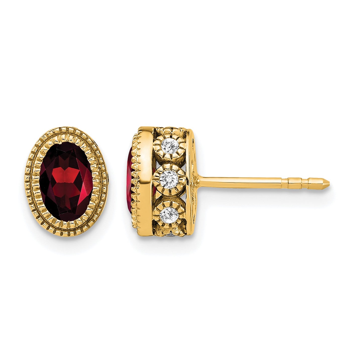14k 6x4mm Oval Garnet and .19 carat Diamond Post Earrings