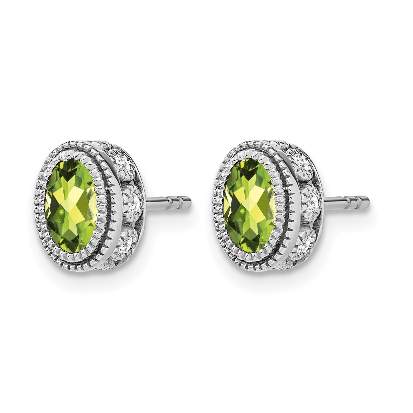 14k White Gold 6x4mm Oval Peridot and .19 carat Diamond Post Earrings