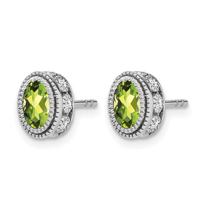 14k White Gold 6x4mm Oval Peridot and .19 carat Diamond Post Earrings