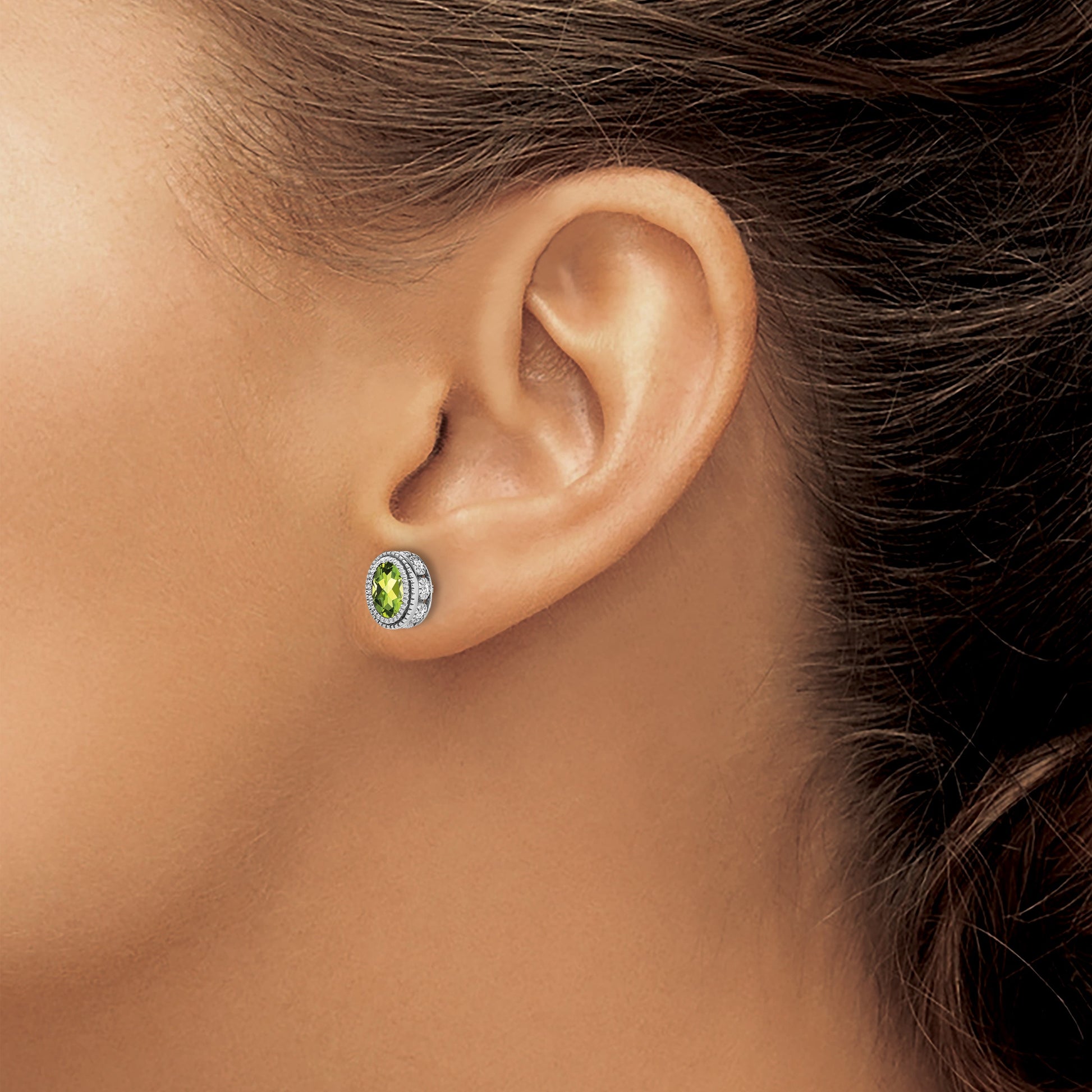 14k White Gold 6x4mm Oval Peridot and .19 carat Diamond Post Earrings