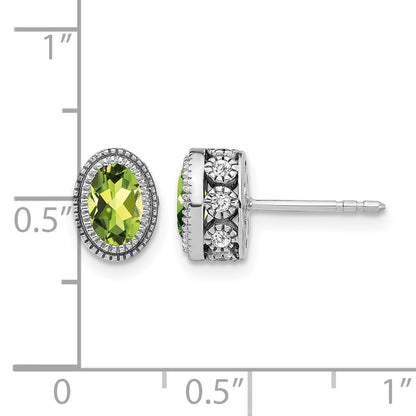 14k White Gold 6x4mm Oval Peridot and .19 carat Diamond Post Earrings