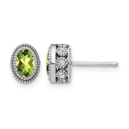 14k White Gold 6x4mm Oval Peridot and .19 carat Diamond Post Earrings