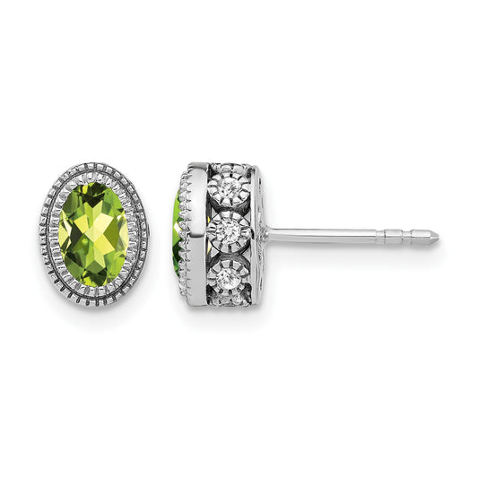 14k White Gold 6x4mm Oval Peridot and .19 carat Diamond Post Earrings