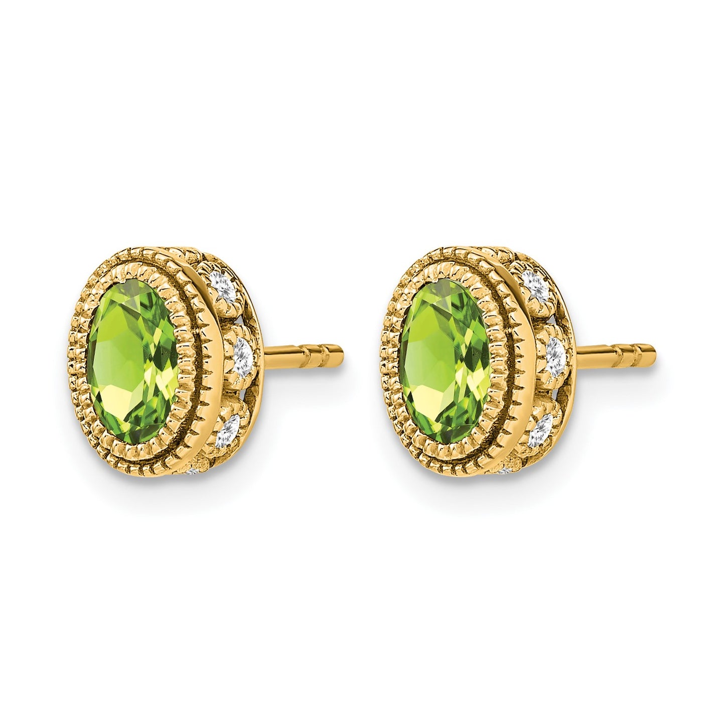 14k 6x4mm Oval Peridot and .19 carat Diamond Post Earrings