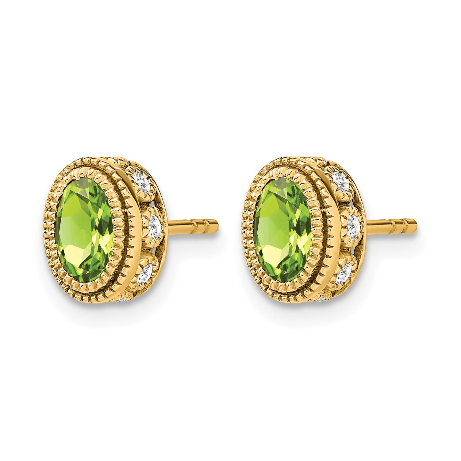 14k 6x4mm Oval Peridot and .19 carat Diamond Post Earrings