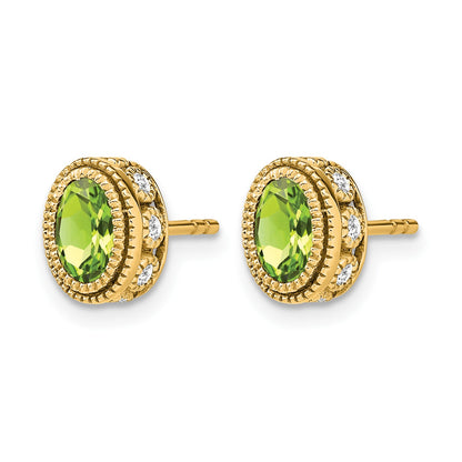 14k 6x4mm Oval Peridot and .19 carat Diamond Post Earrings